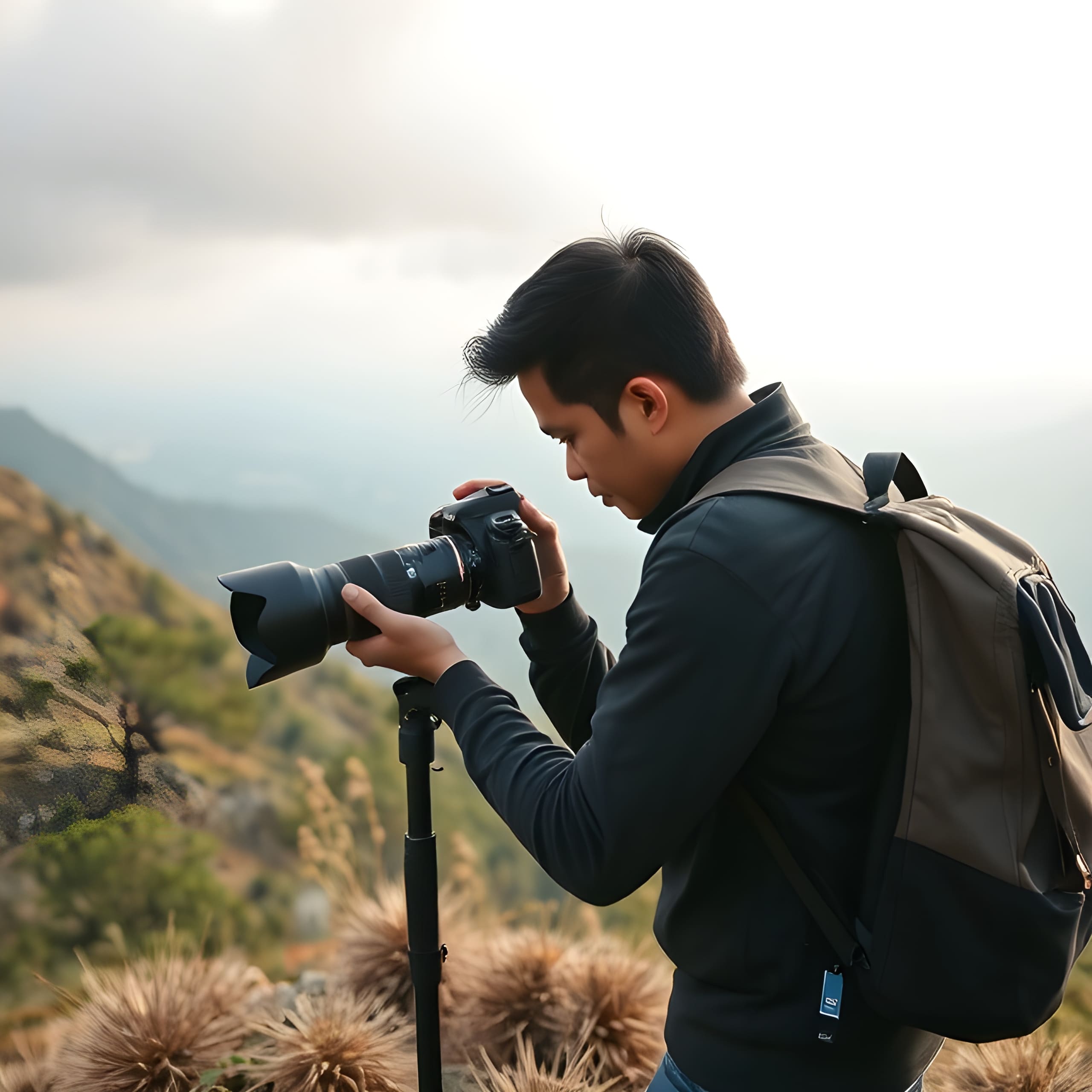 Fotografer sedang mengambil foto alam dengan kamera profesional di pegunungan.