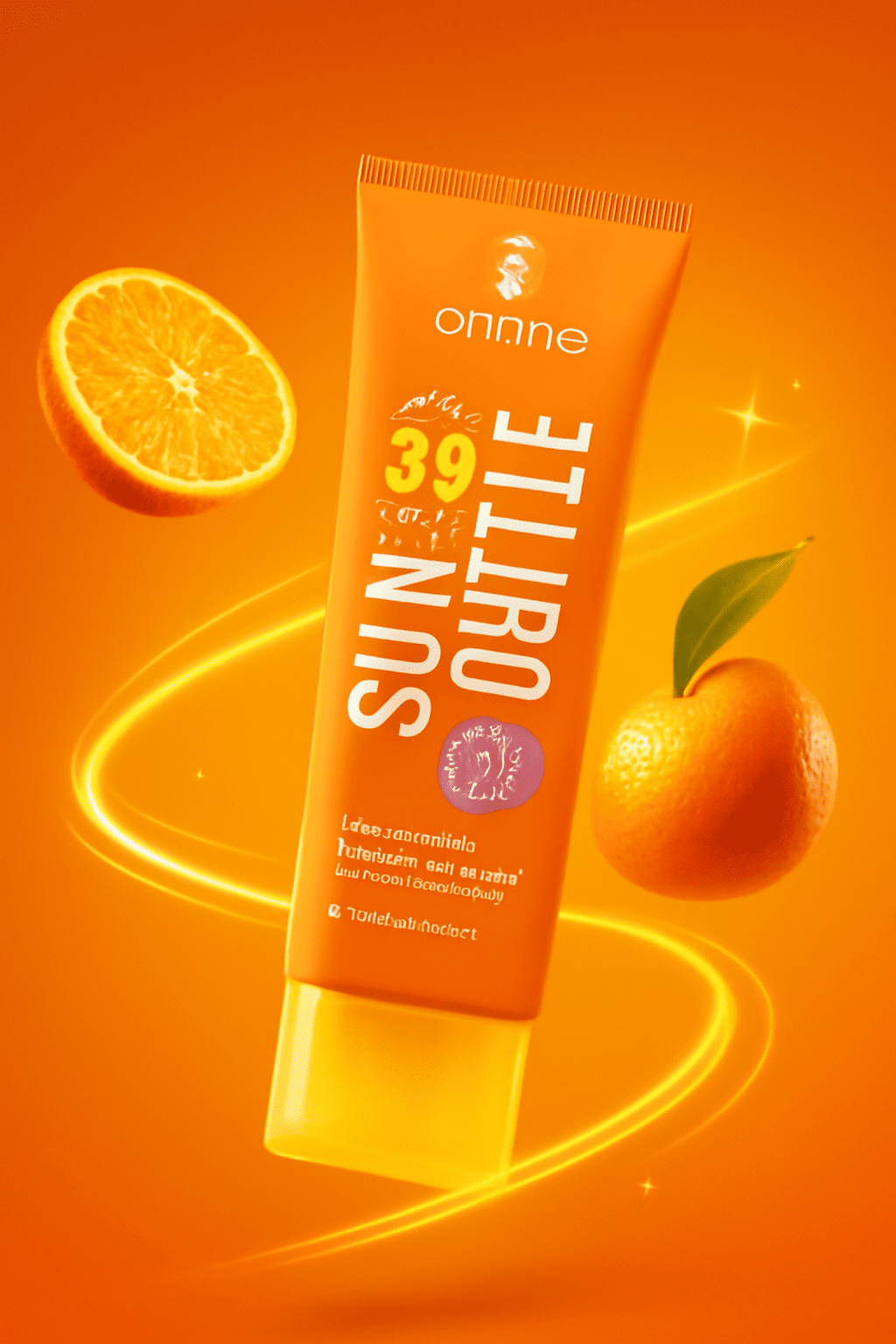 Hasil generate ai Foto produk sunscreen dengan kemasan oranye, dikelilingi elemen jeruk dan efek cahaya oranye yang menyala, menciptakan kesan segar dan energik