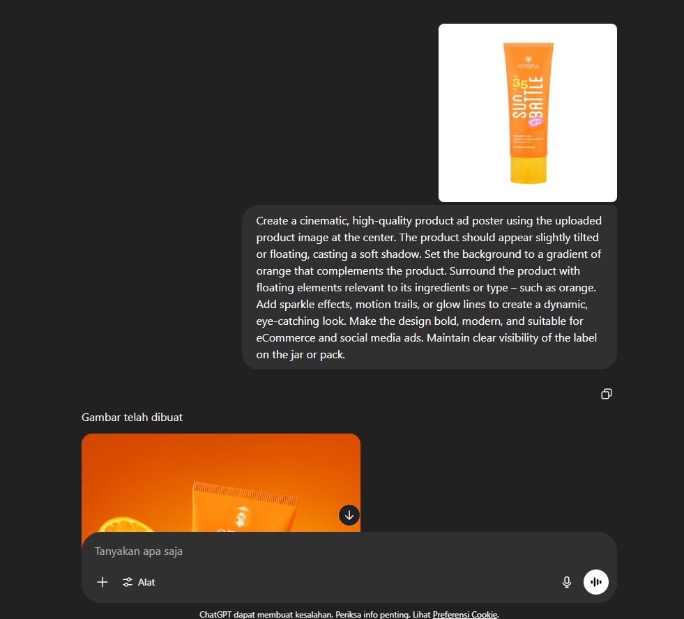 Hasil generate chatgpt buat foto produk sunscreen