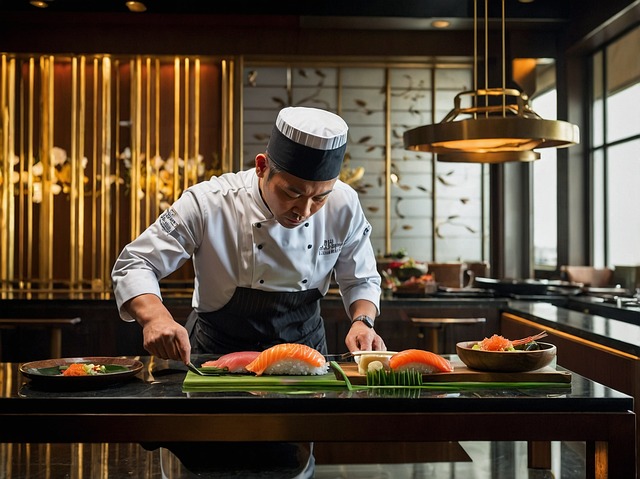 Seorang chef profesional sedang menyiapkan sushi di dapur restoran mewah dengan suasana interior elegan dan pencahayaan hangat