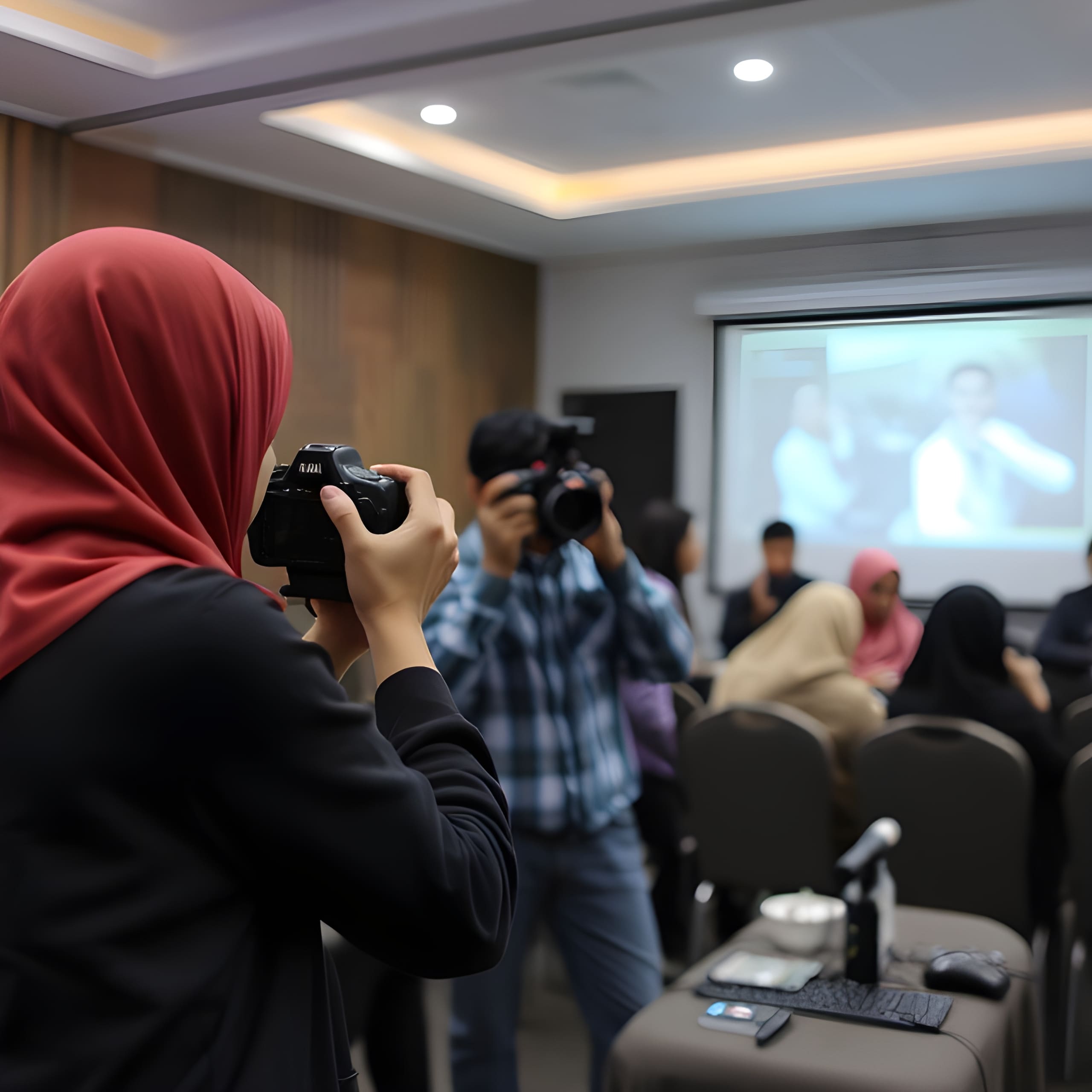 Workshop fotografi dengan beberapa peserta belajar teknik pengambilan gambar dari seorang instruktur berpengalaman.