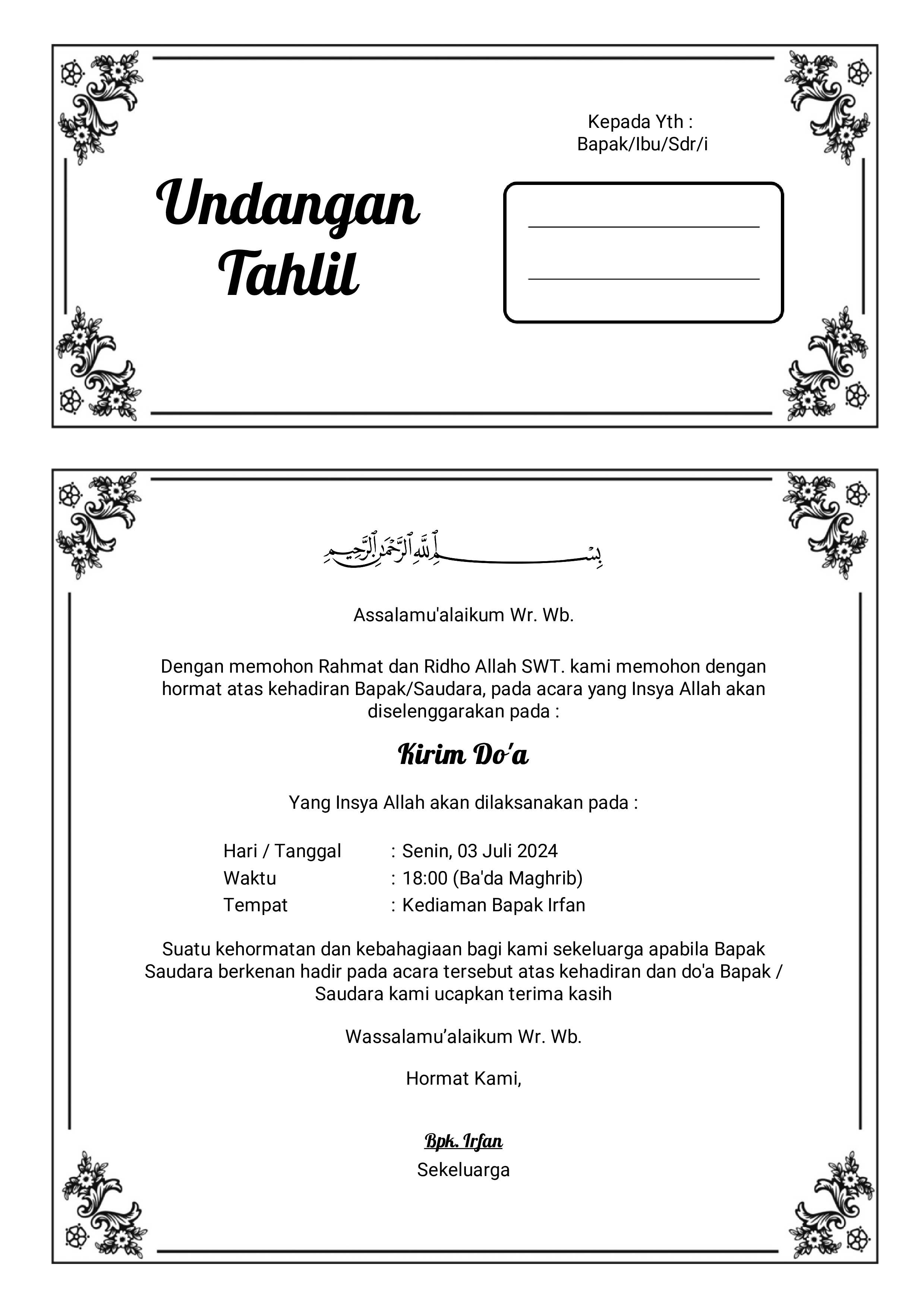 Download Gratis Template Undangan Tahlil 40 Hari, 100 Hari, dan Setahun