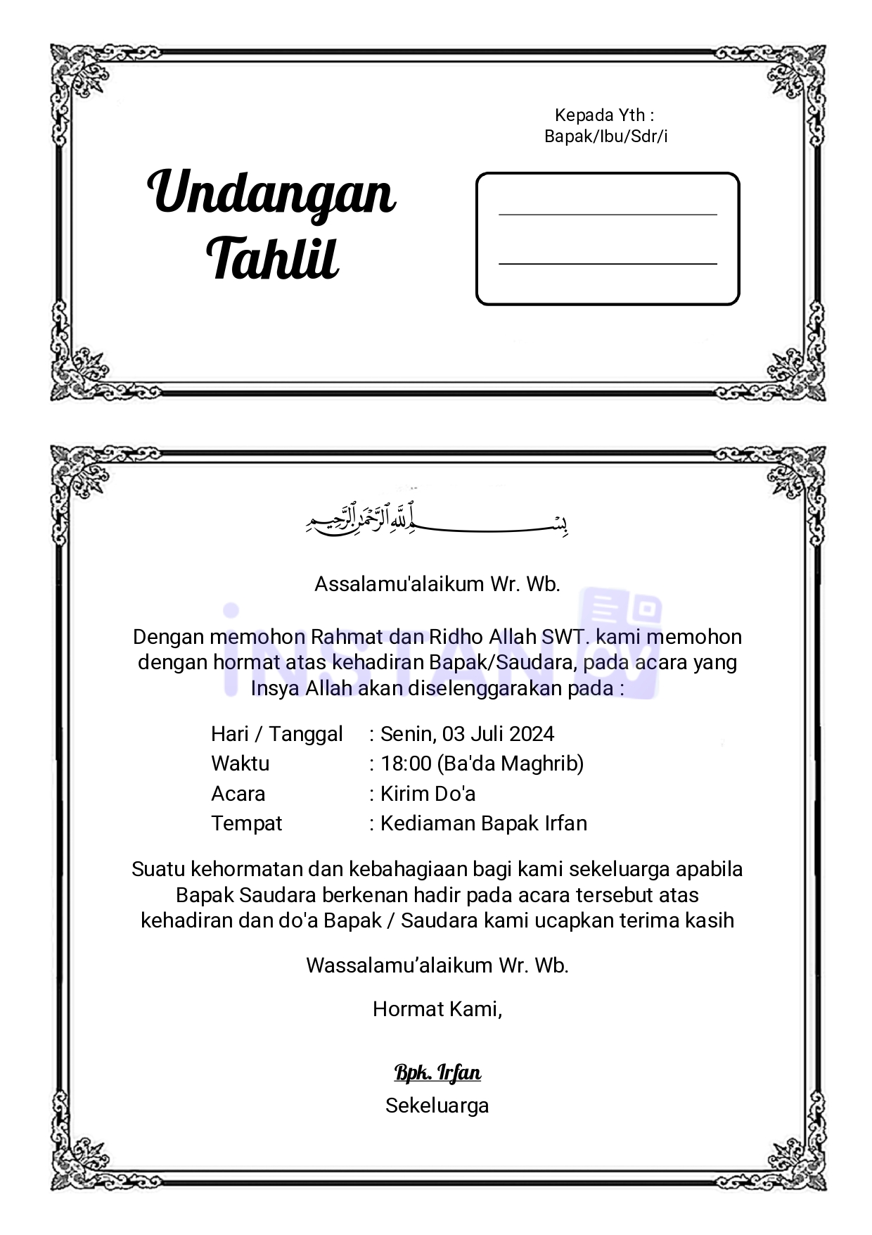 Download Gratis Template Undangan Tahlil 40 Hari, 100 Hari, dan 1000 Hari Modern 2024