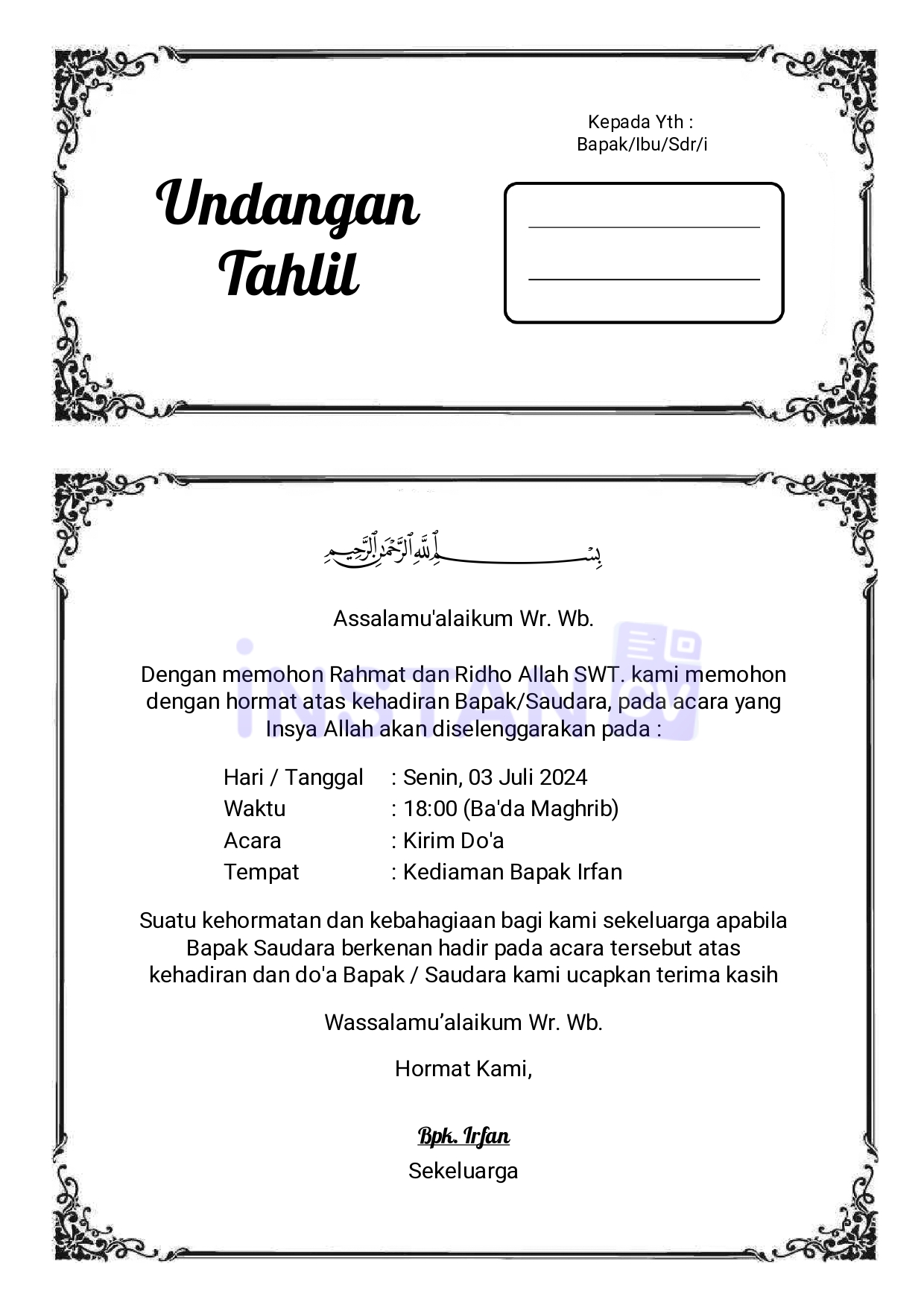 Template Undangan Tahlil Kertas A4 1 Lembar Isi 1 dan 2 Gratis style 52 Siap Edit Online