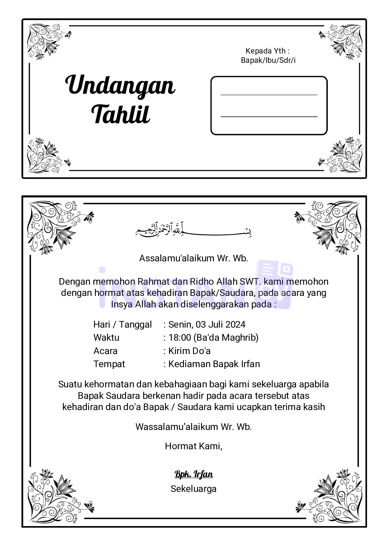 Template Undangan Tahlil Kertas A4 1 Lembar Isi 1/2 Gratis style 50 Terbaru 2024