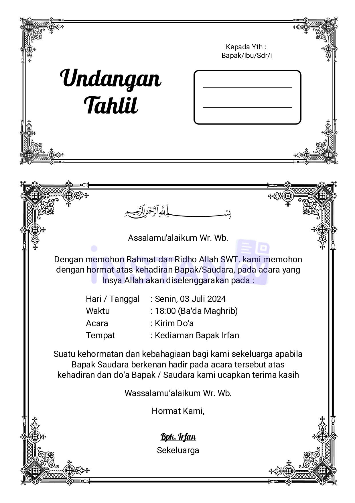 Template Undangan Tahlil, Tasyakuran Gratis Kertas A4 Isi 1 dan 2 Style 85 Langsung Edit