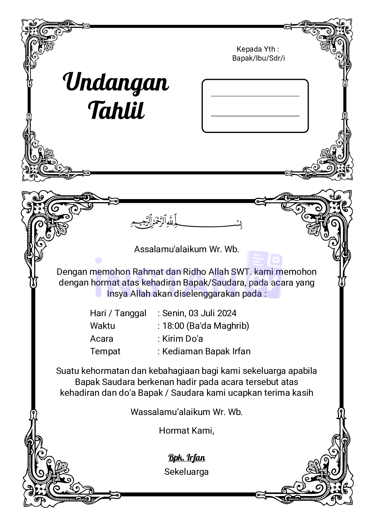 Template Surat Undangan Tahlil 40 Hari, 100 Hari, dan 1000 Kertas A4 1 Lembar Isi 1 dan 2 Gratis Style 68