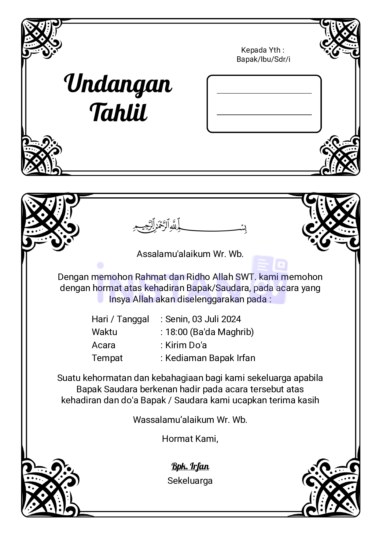 Template Undangan Tahlil, Tasyakuran Gratis Kertas A4 Isi 1 dan 2 Siap Download