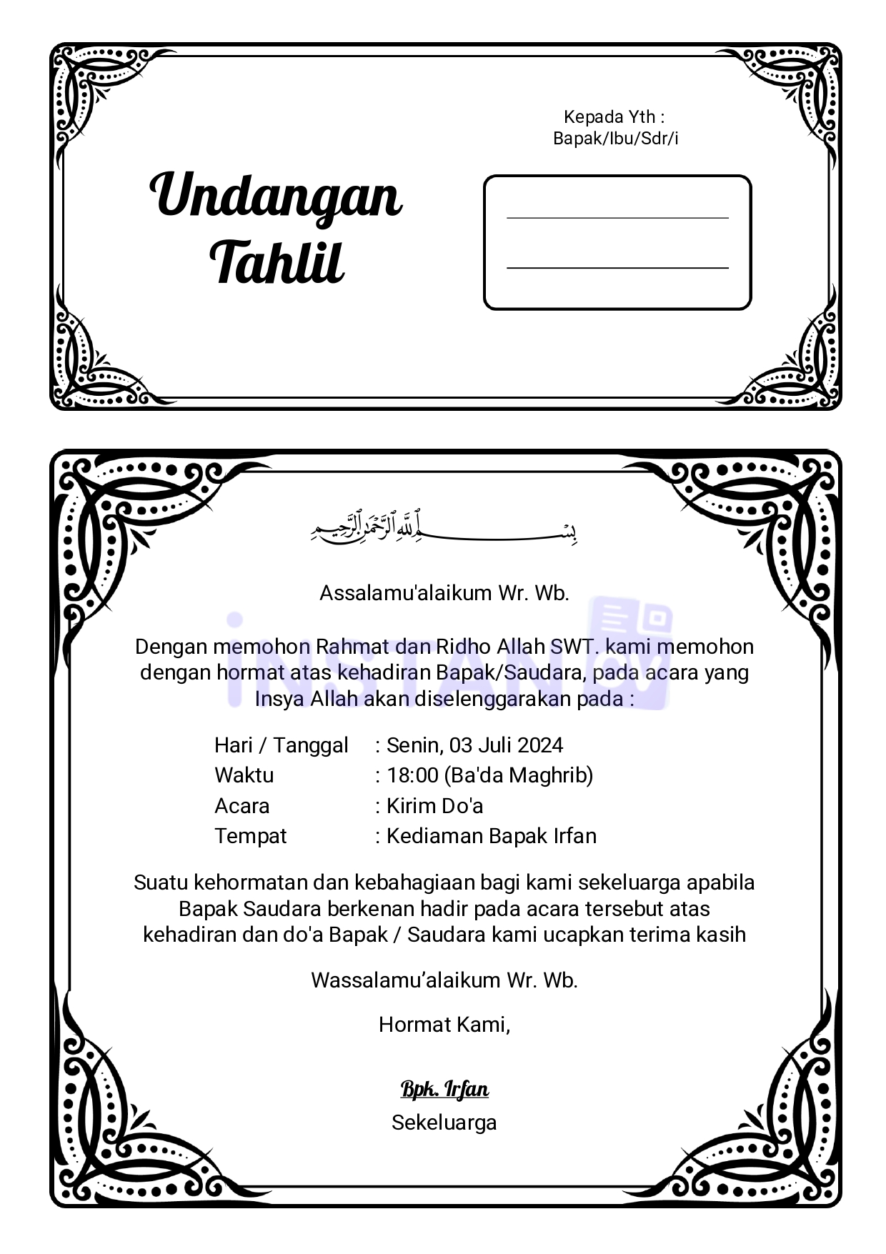 Download Gratis Template Undangan Tahlil 40 Hari, 100 Hari, dan 1000 Hari