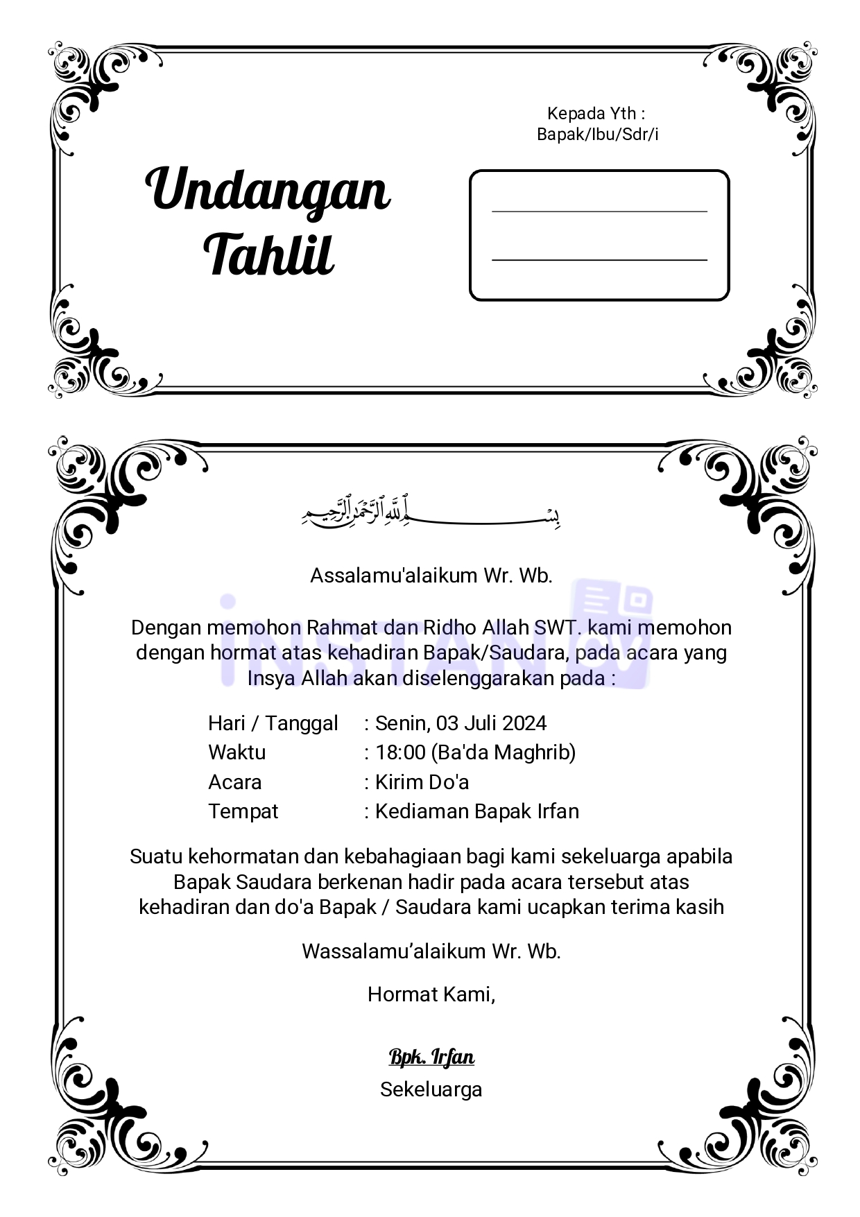 Template Surat Undangan Tahlil 40 Hari, 100 Hari, dan 1000 Kertas A4 1 Lembar Isi 1 dan 2 Gratis Style 71