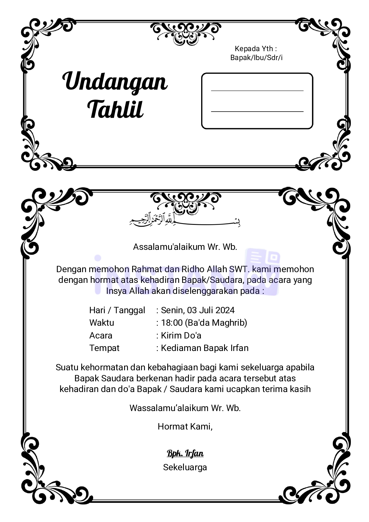 Contoh Format Undangan Tahlilan 40 Hari yang Bisa Anda Gunakan