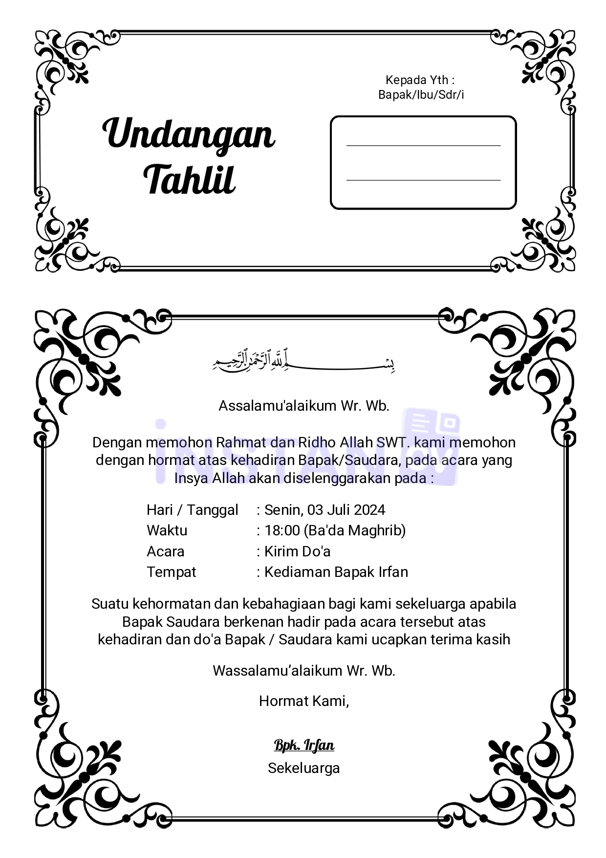 Template Undangan Tahlil untuk Acara 40 Hari Meninggal